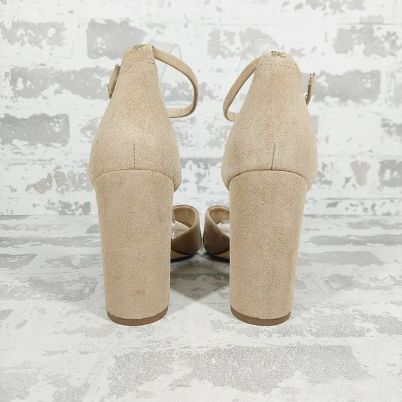 New Sam Edelman Yancy Beige Faux Suede Ankle Strap Heeled Sandals X370 - Picture 5 of 12